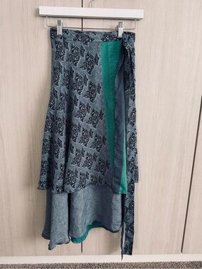 Blue Patterned Midi Wrap Skirt with Teal Panel silk